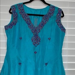 Embroidered Silk Kurti blue good sleeveless